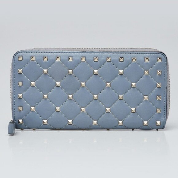 Valentino Blue Quilted Leather All Over Rockstud Zippy Wallet - Picture 1 of 9